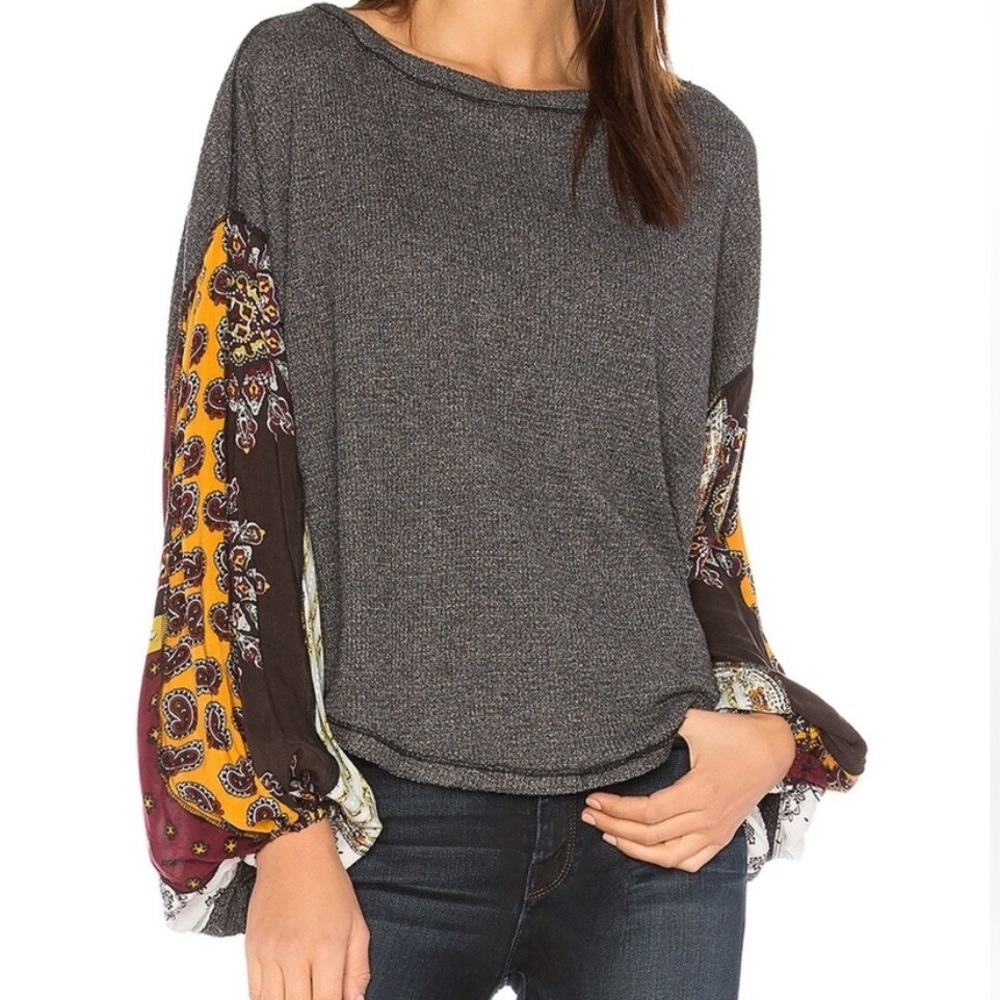 We the Free Loose Gray Blossom Patchwork Thermal Top. Paisley Balloon Sleeve. XS